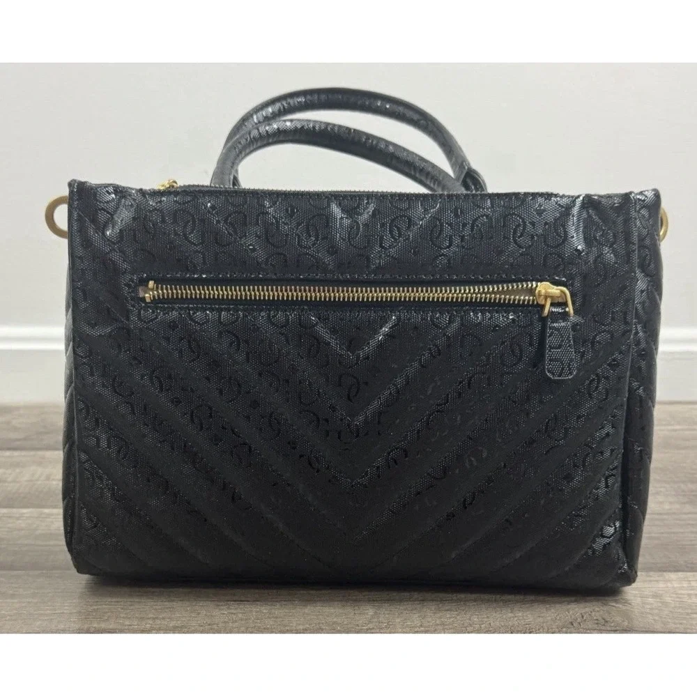 Guess Jania Society Quilted‎ Medium Satchel Crossbody Black Logo Embossed NEW